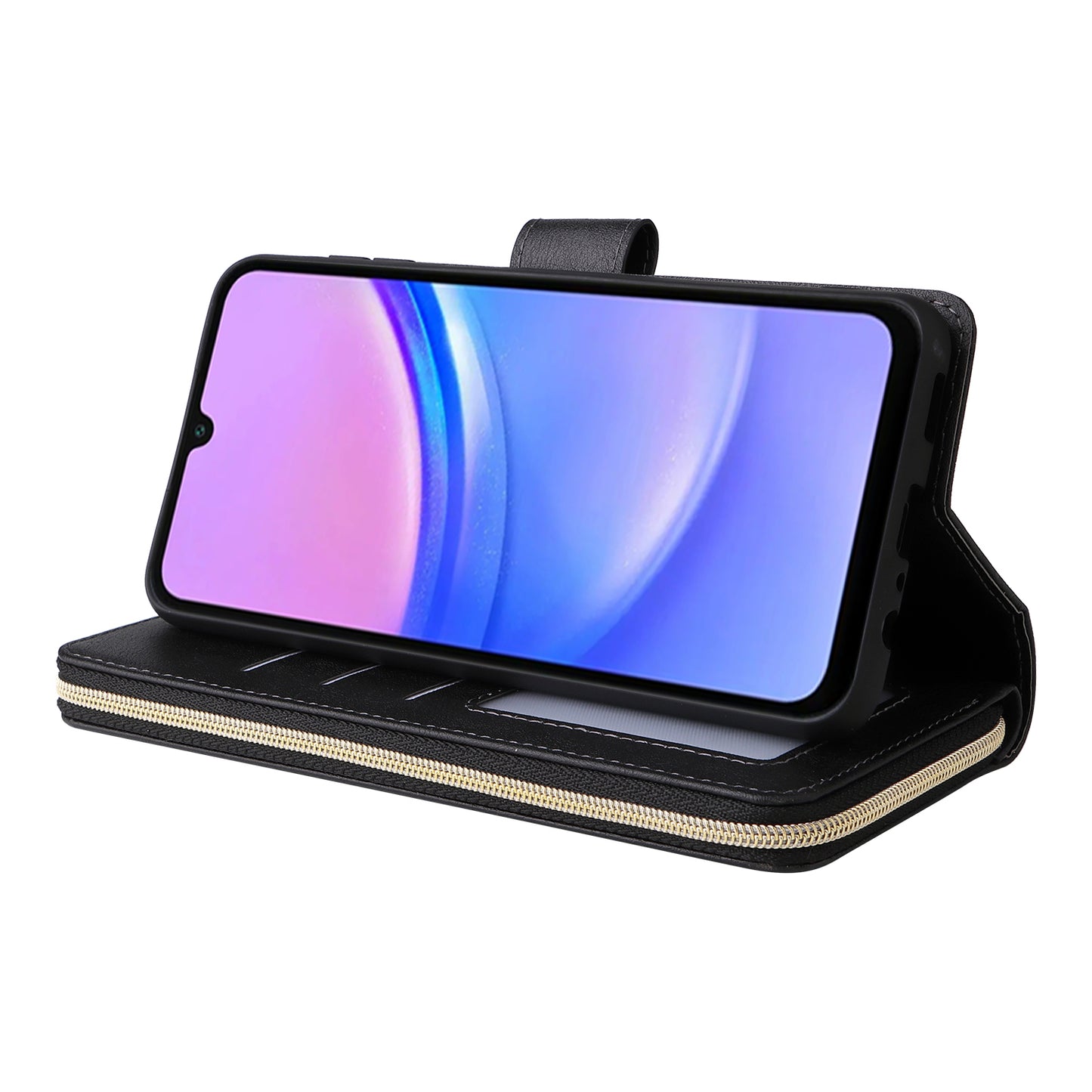 For Samsung Galaxy A16 5G / A16 4G Case Zipper Pocket PU Leather Phone Cover with Hand Strap - Black