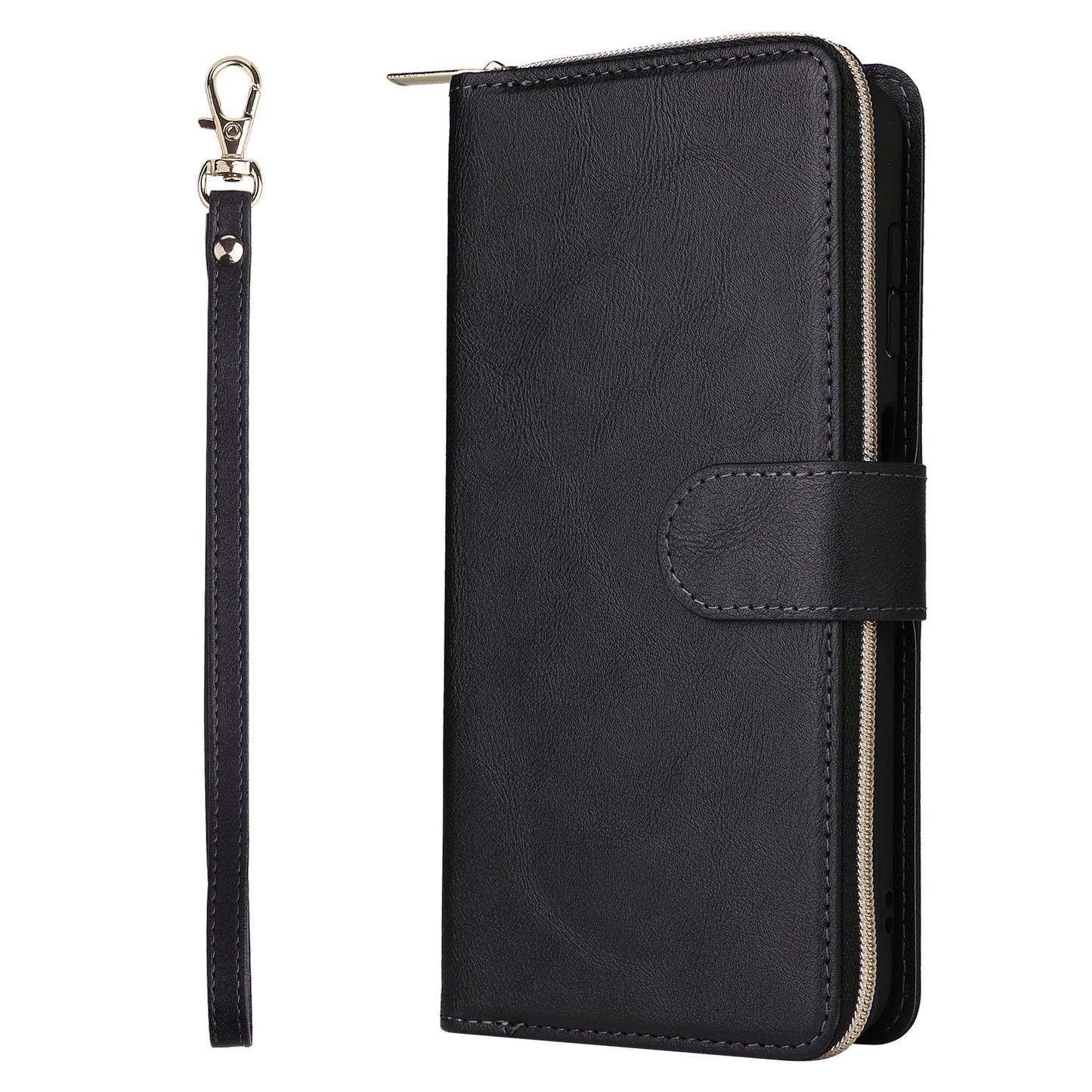 For Samsung Galaxy A16 5G / A16 4G Case Zipper Pocket PU Leather Phone Cover with Hand Strap - Black