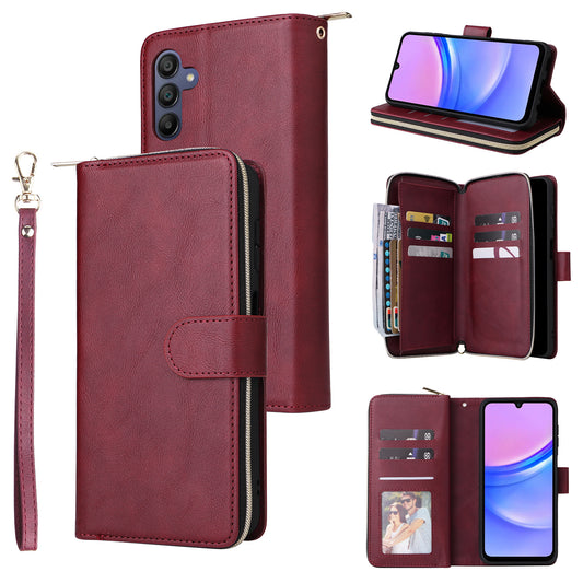 For Samsung Galaxy A16 5G / A16 4G Case Zipper Pocket PU Leather Phone Cover with Hand Strap - Wine Red