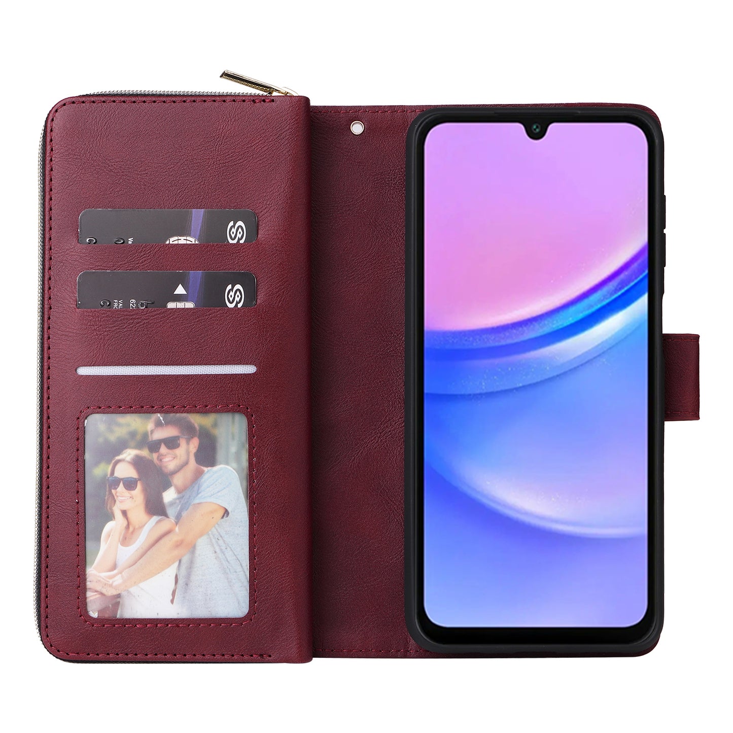 For Samsung Galaxy A16 5G / A16 4G Case Zipper Pocket PU Leather Phone Cover with Hand Strap - Wine Red