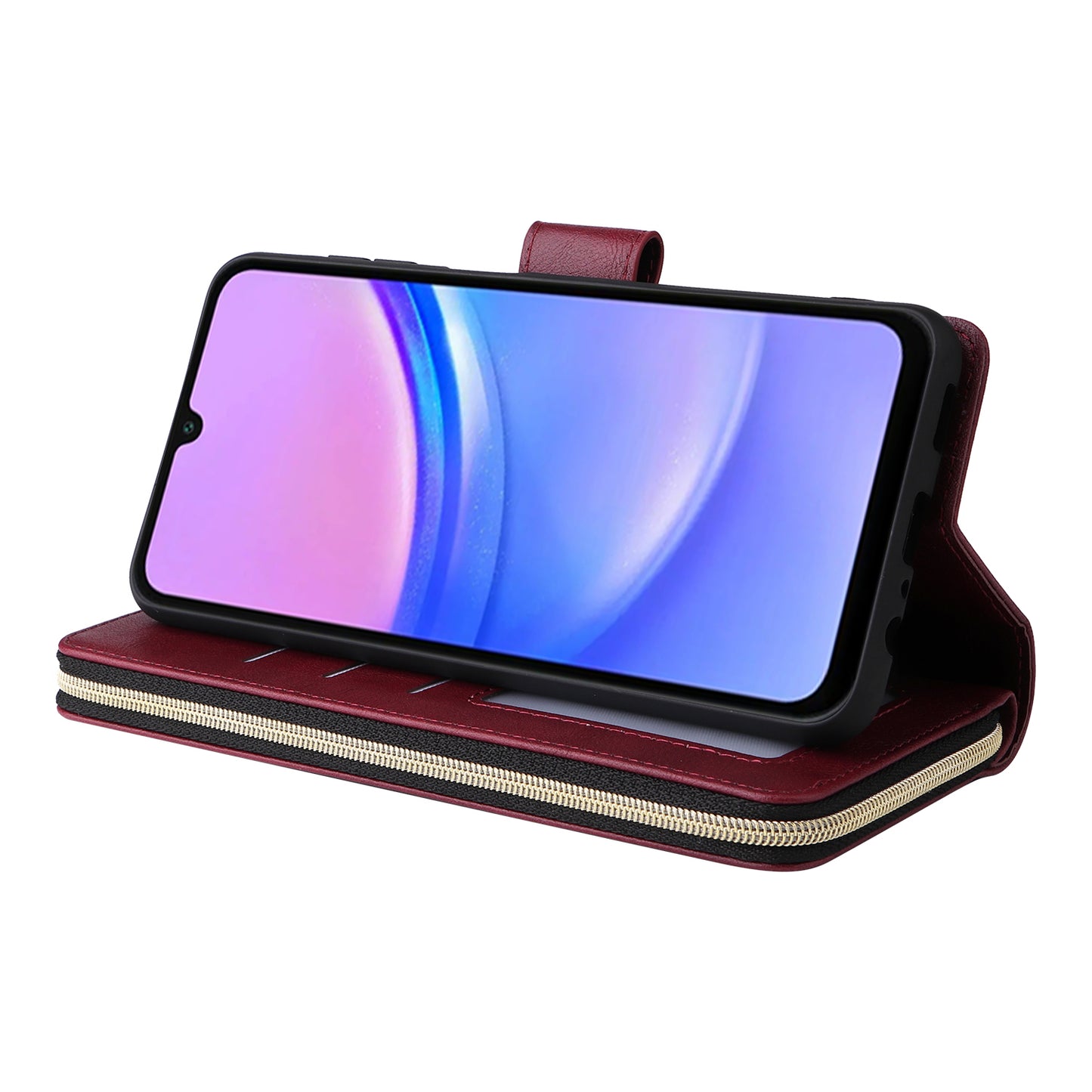 For Samsung Galaxy A16 5G / A16 4G Case Zipper Pocket PU Leather Phone Cover with Hand Strap - Wine Red