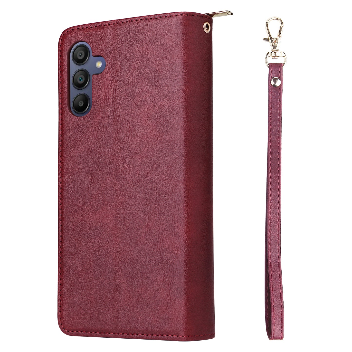 For Samsung Galaxy A16 5G / A16 4G Case Zipper Pocket PU Leather Phone Cover with Hand Strap - Wine Red
