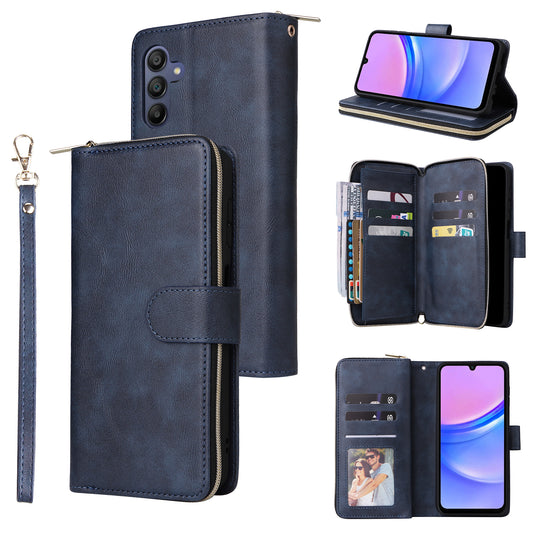 For Samsung Galaxy A16 5G / A16 4G Case Zipper Pocket PU Leather Phone Cover with Hand Strap - Blue