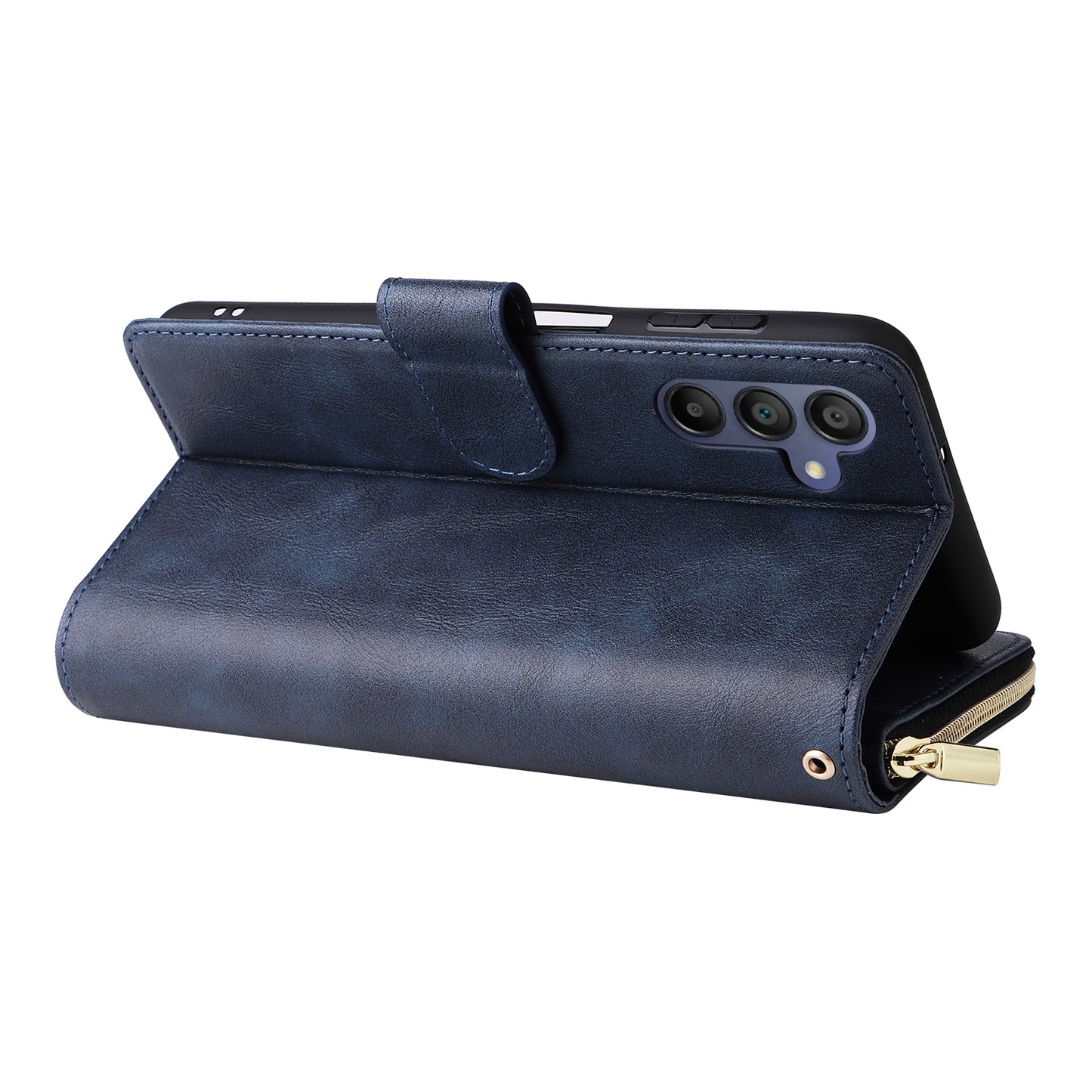 For Samsung Galaxy A16 5G / A16 4G Case Zipper Pocket PU Leather Phone Cover with Hand Strap - Blue