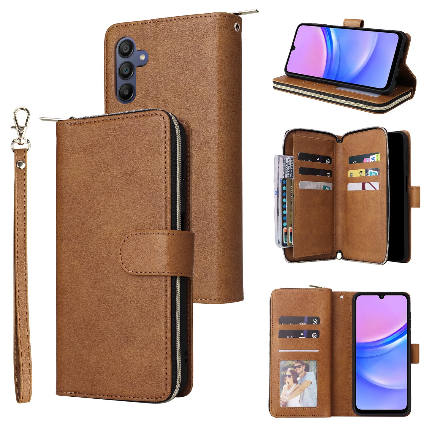 For Samsung Galaxy A16 5G / A16 4G Case Zipper Pocket PU Leather Phone Cover with Hand Strap - Brown