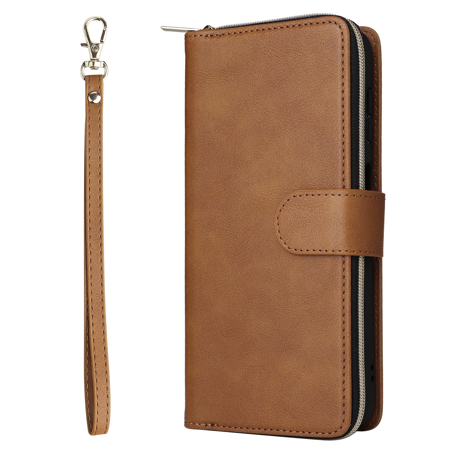 For Samsung Galaxy A16 5G / A16 4G Case Zipper Pocket PU Leather Phone Cover with Hand Strap - Brown