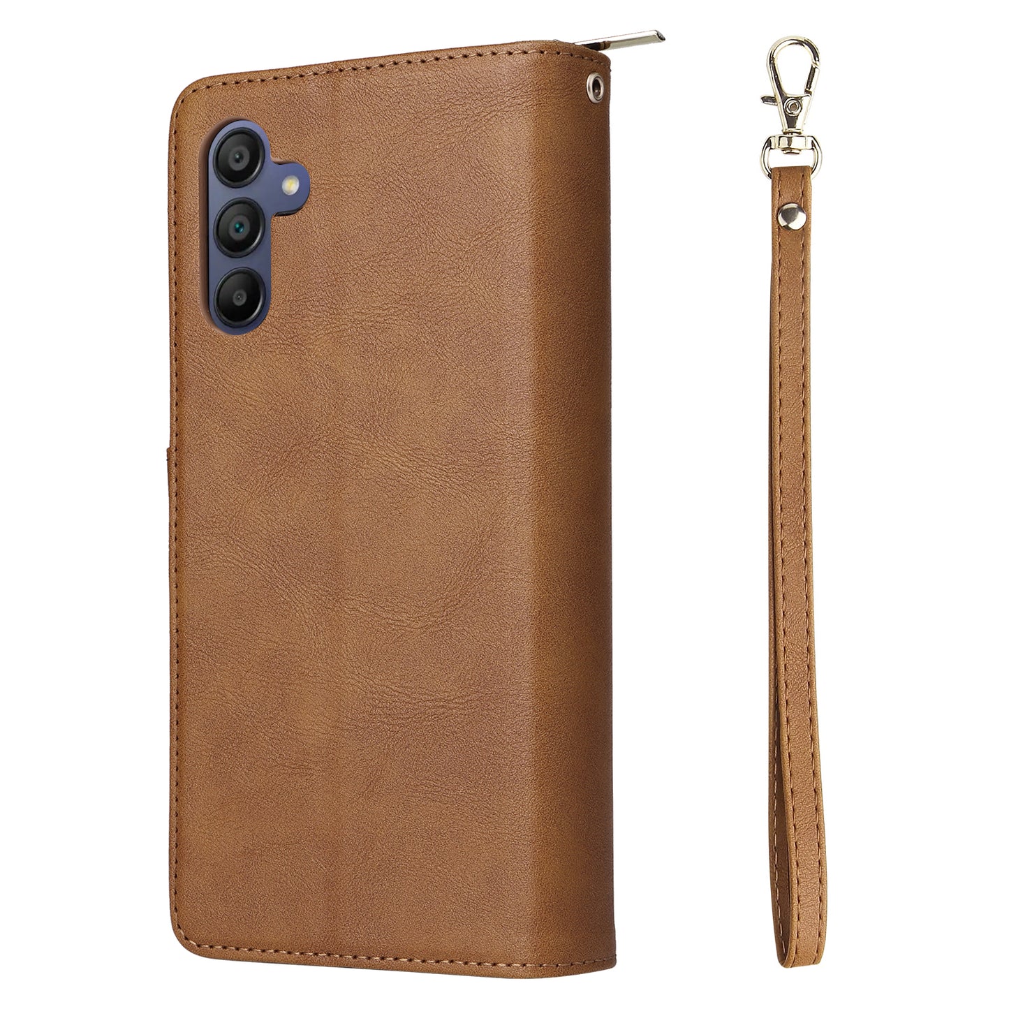 For Samsung Galaxy A16 5G / A16 4G Case Zipper Pocket PU Leather Phone Cover with Hand Strap - Brown
