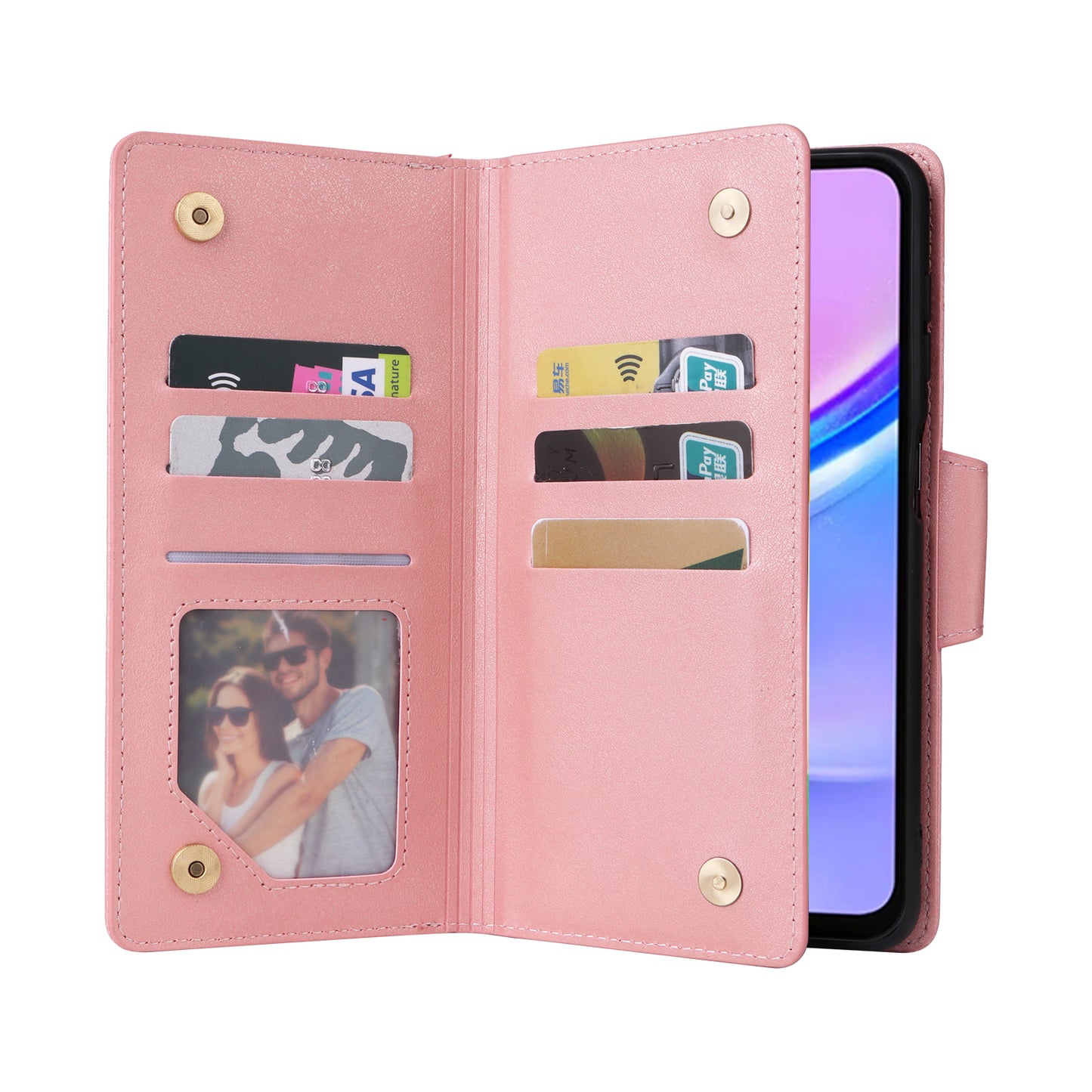For Samsung Galaxy A16 5G / A16 4G Case Zipper Wallet Leather Stand Phone Cover Rivet Decor - Rose Gold