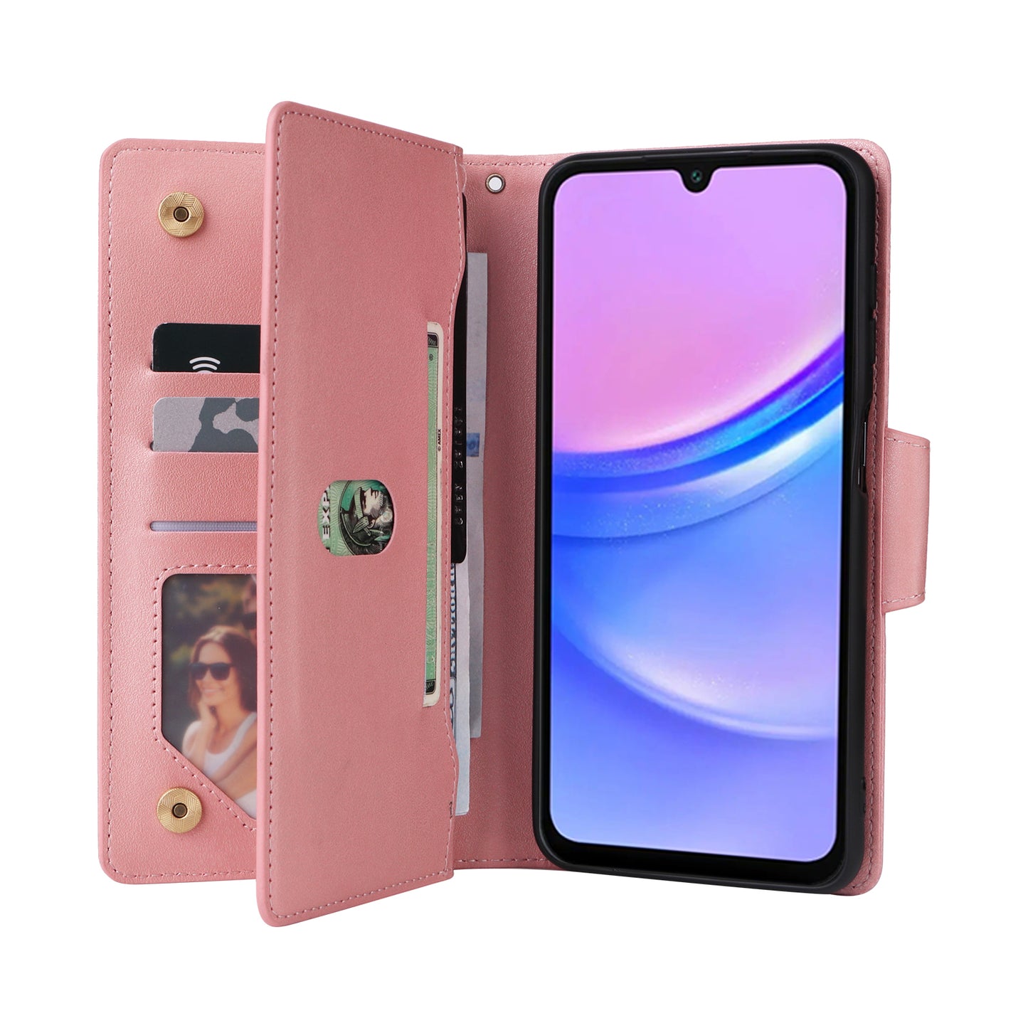 For Samsung Galaxy A16 5G / A16 4G Case Zipper Wallet Leather Stand Phone Cover Rivet Decor - Rose Gold