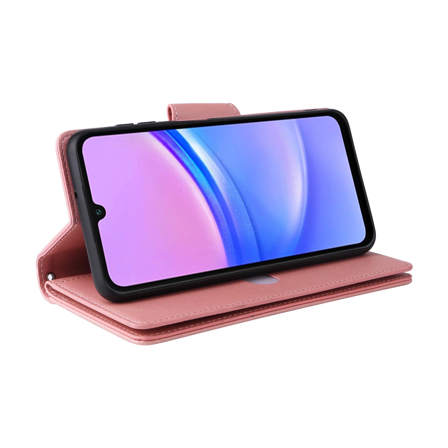 For Samsung Galaxy A16 5G / A16 4G Case Zipper Wallet Leather Stand Phone Cover Rivet Decor - Rose Gold