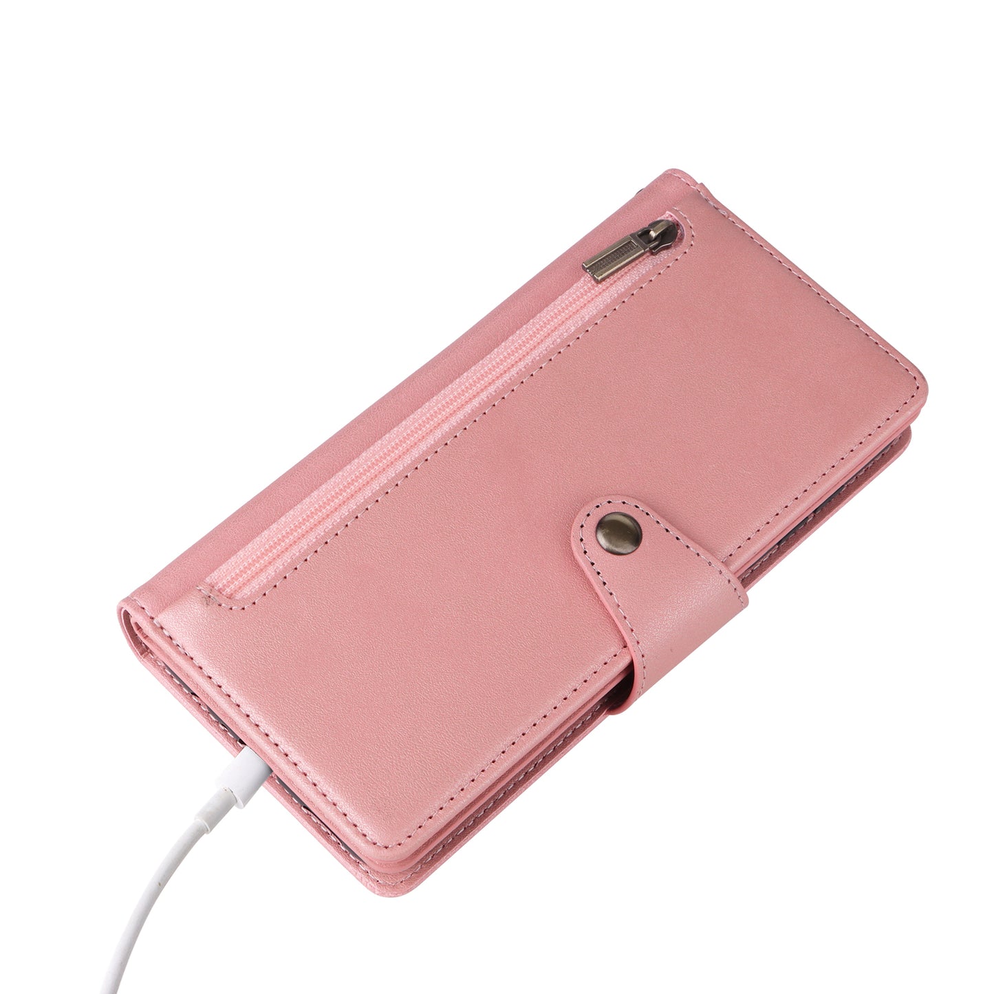 For Samsung Galaxy A16 5G / A16 4G Case Zipper Wallet Leather Stand Phone Cover Rivet Decor - Rose Gold