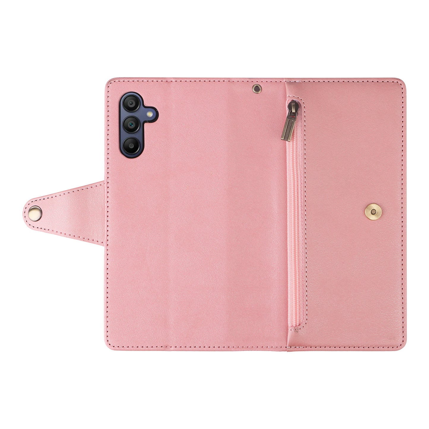 For Samsung Galaxy A16 5G / A16 4G Case Zipper Wallet Leather Stand Phone Cover Rivet Decor - Rose Gold