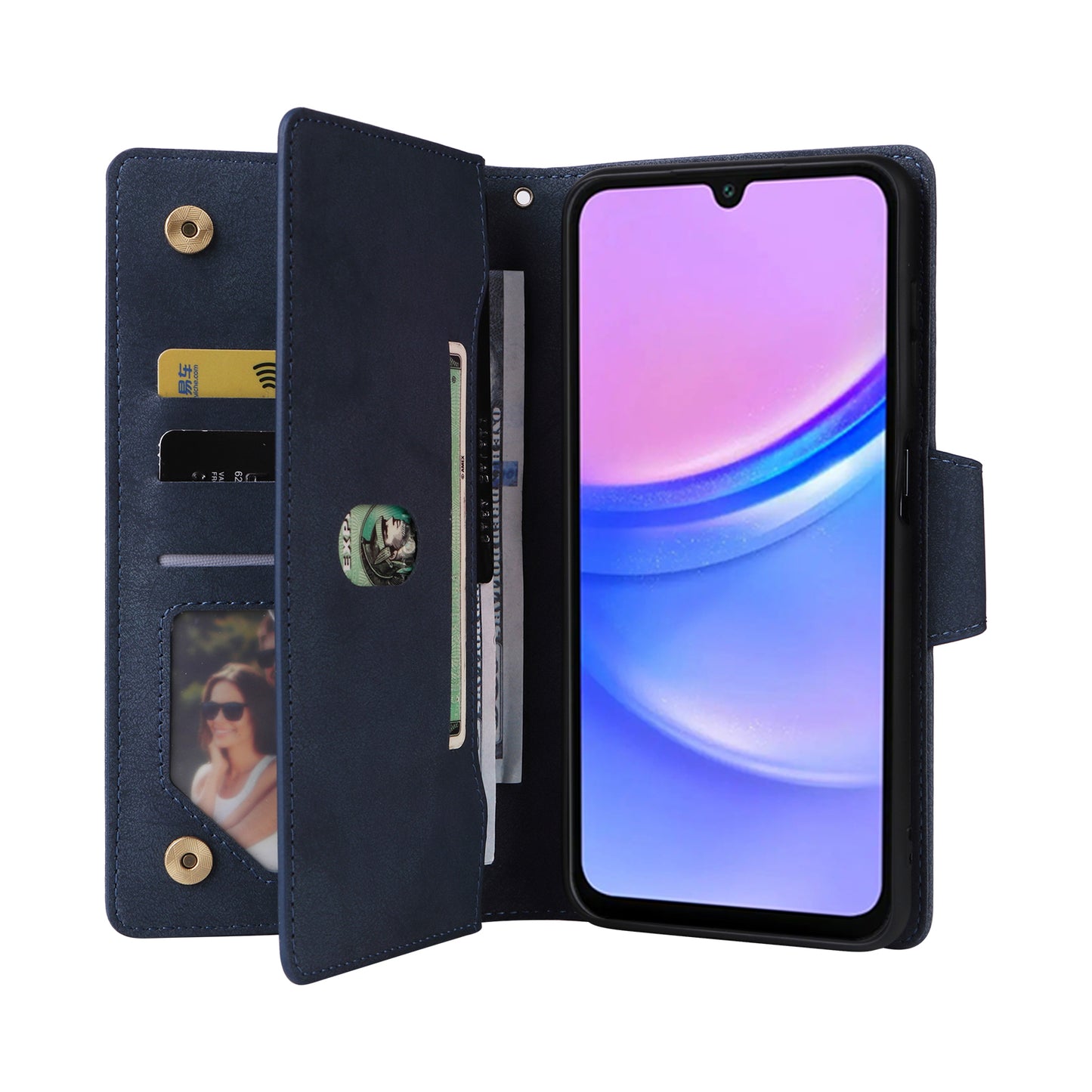 For Samsung Galaxy A16 5G / A16 4G Case Zipper Wallet Leather Stand Phone Cover Rivet Decor - Blue
