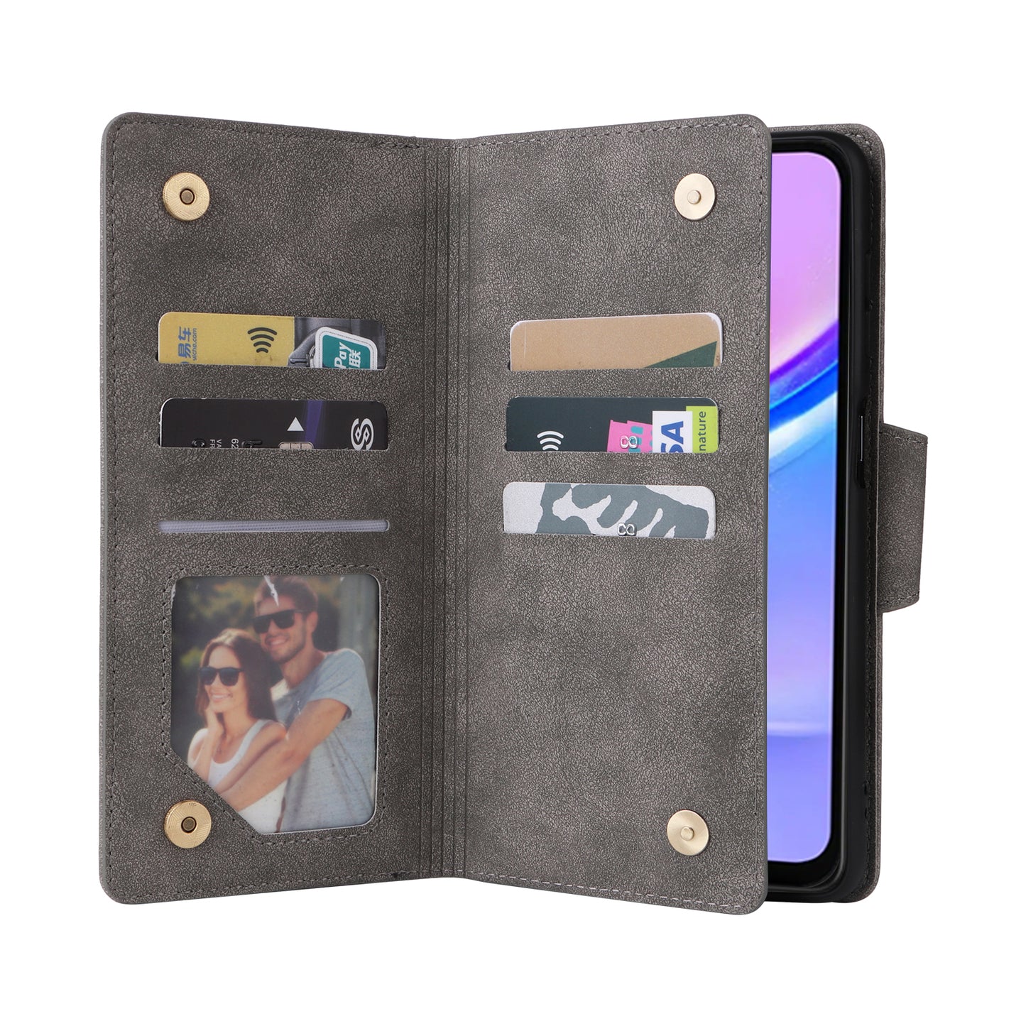 For Samsung Galaxy A16 5G / A16 4G Case Zipper Wallet Leather Stand Phone Cover Rivet Decor - Grey