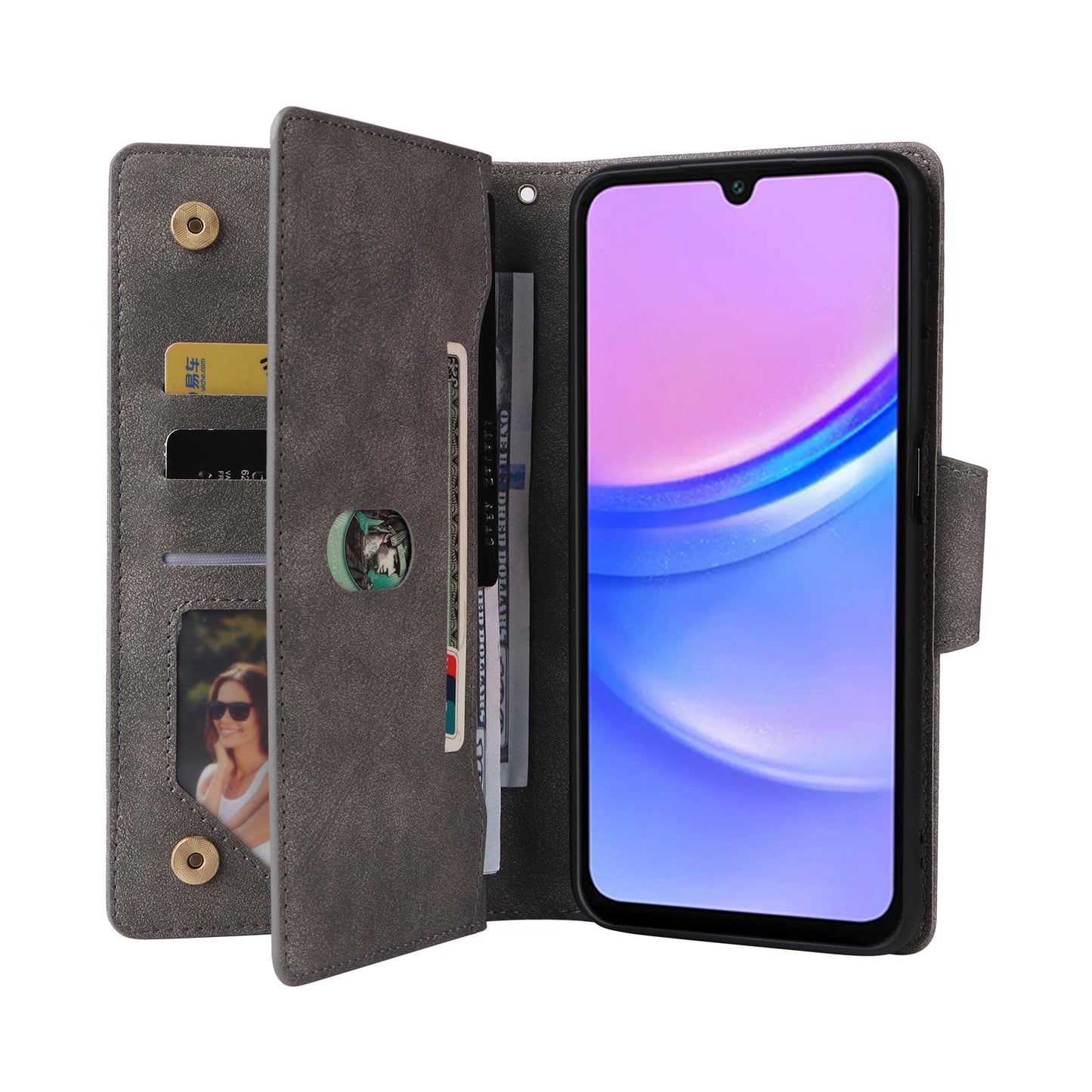 For Samsung Galaxy A16 5G / A16 4G Case Zipper Wallet Leather Stand Phone Cover Rivet Decor - Grey