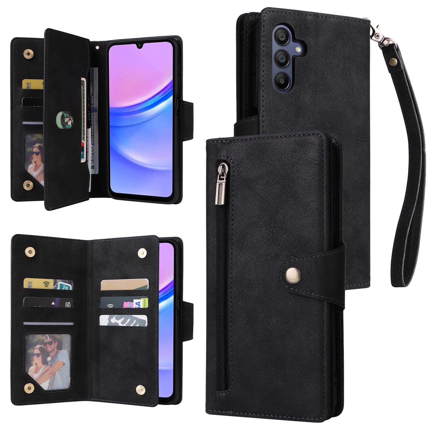 For Samsung Galaxy A16 5G / A16 4G Case Zipper Wallet Leather Stand Phone Cover Rivet Decor - Black