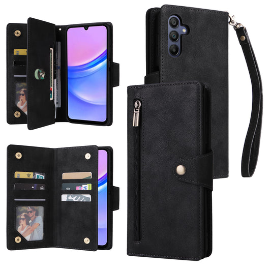For Samsung Galaxy A16 5G / A16 4G Case Zipper Wallet Leather Stand Phone Cover Rivet Decor - Black