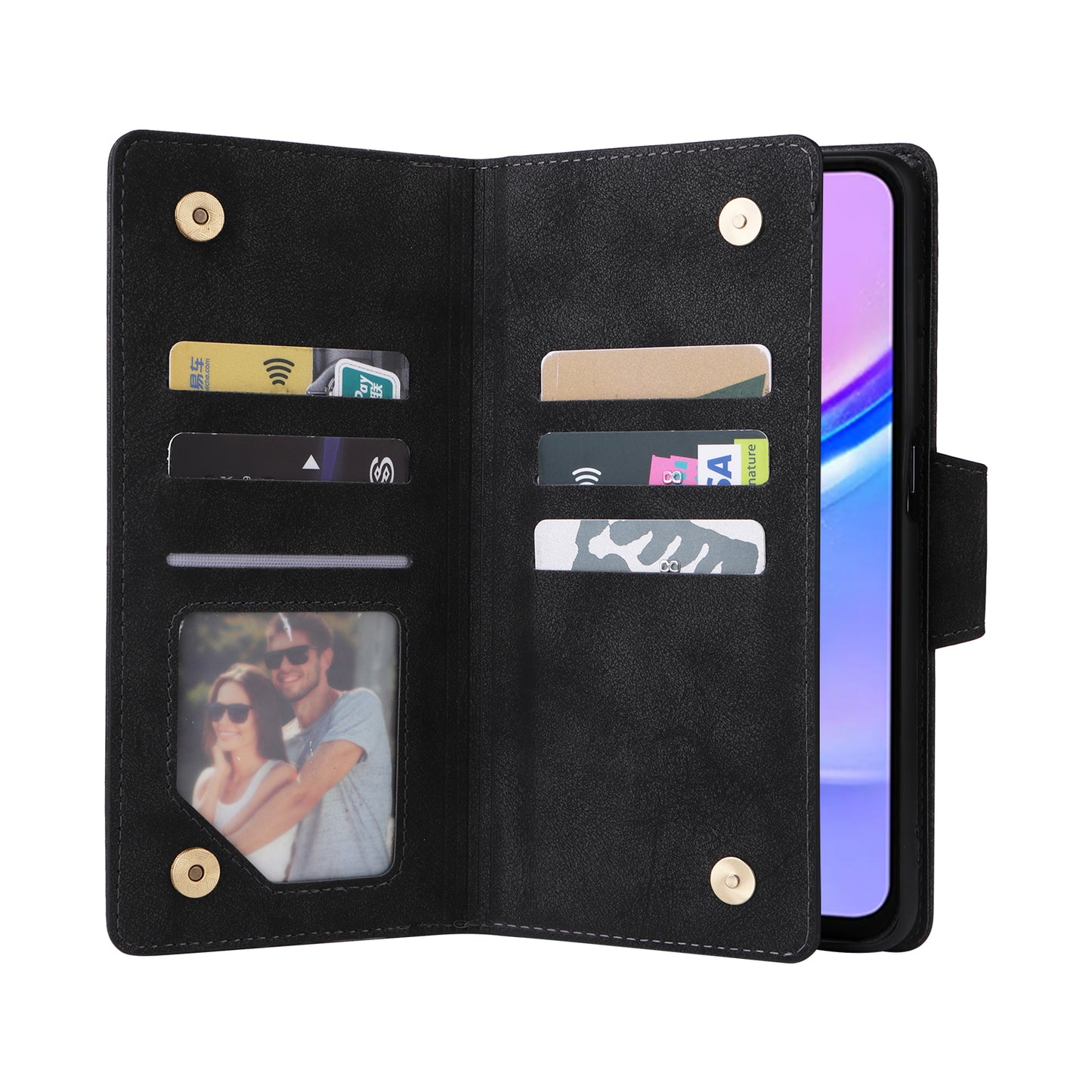 For Samsung Galaxy A16 5G / A16 4G Case Zipper Wallet Leather Stand Phone Cover Rivet Decor - Black