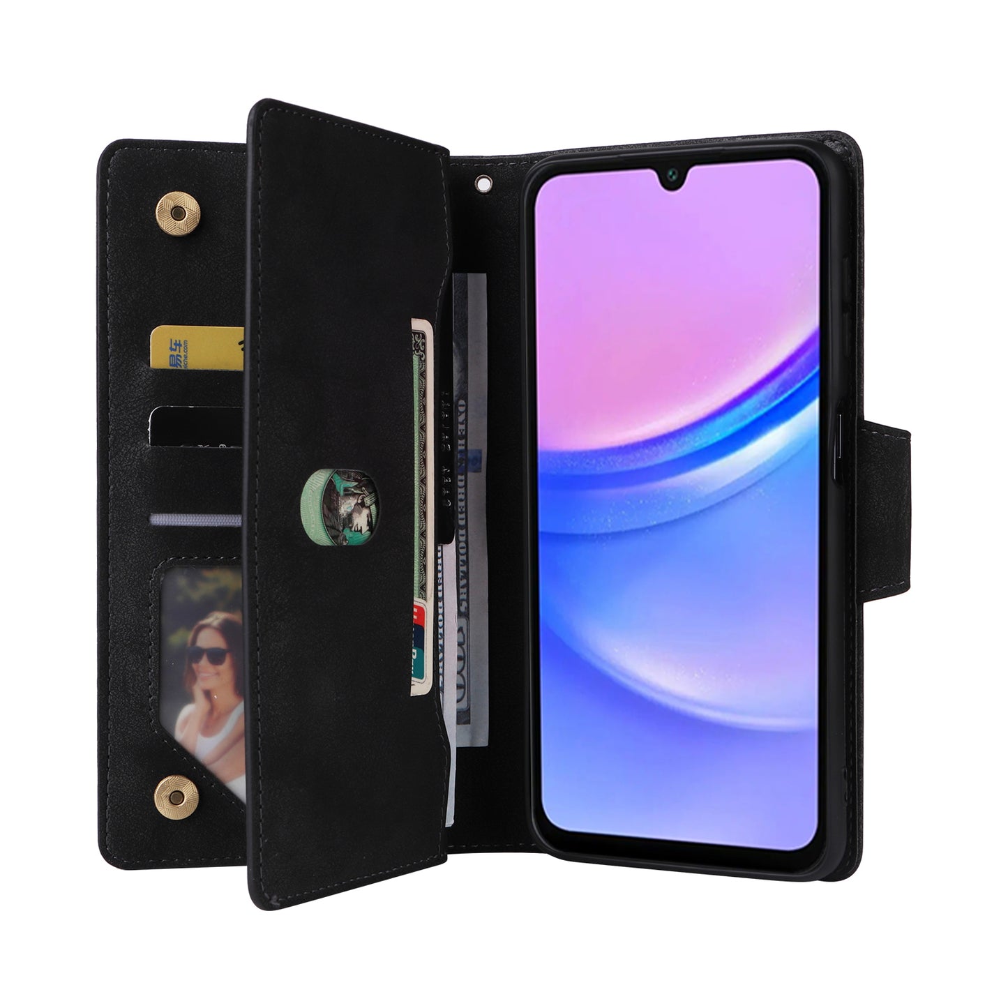 For Samsung Galaxy A16 5G / A16 4G Case Zipper Wallet Leather Stand Phone Cover Rivet Decor - Black