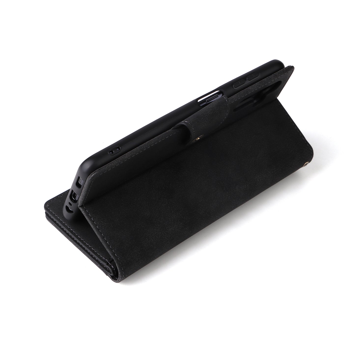 For Samsung Galaxy A16 5G / A16 4G Case Zipper Wallet Leather Stand Phone Cover Rivet Decor - Black