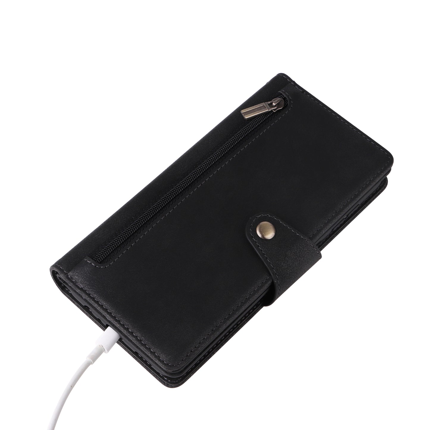 For Samsung Galaxy A16 5G / A16 4G Case Zipper Wallet Leather Stand Phone Cover Rivet Decor - Black