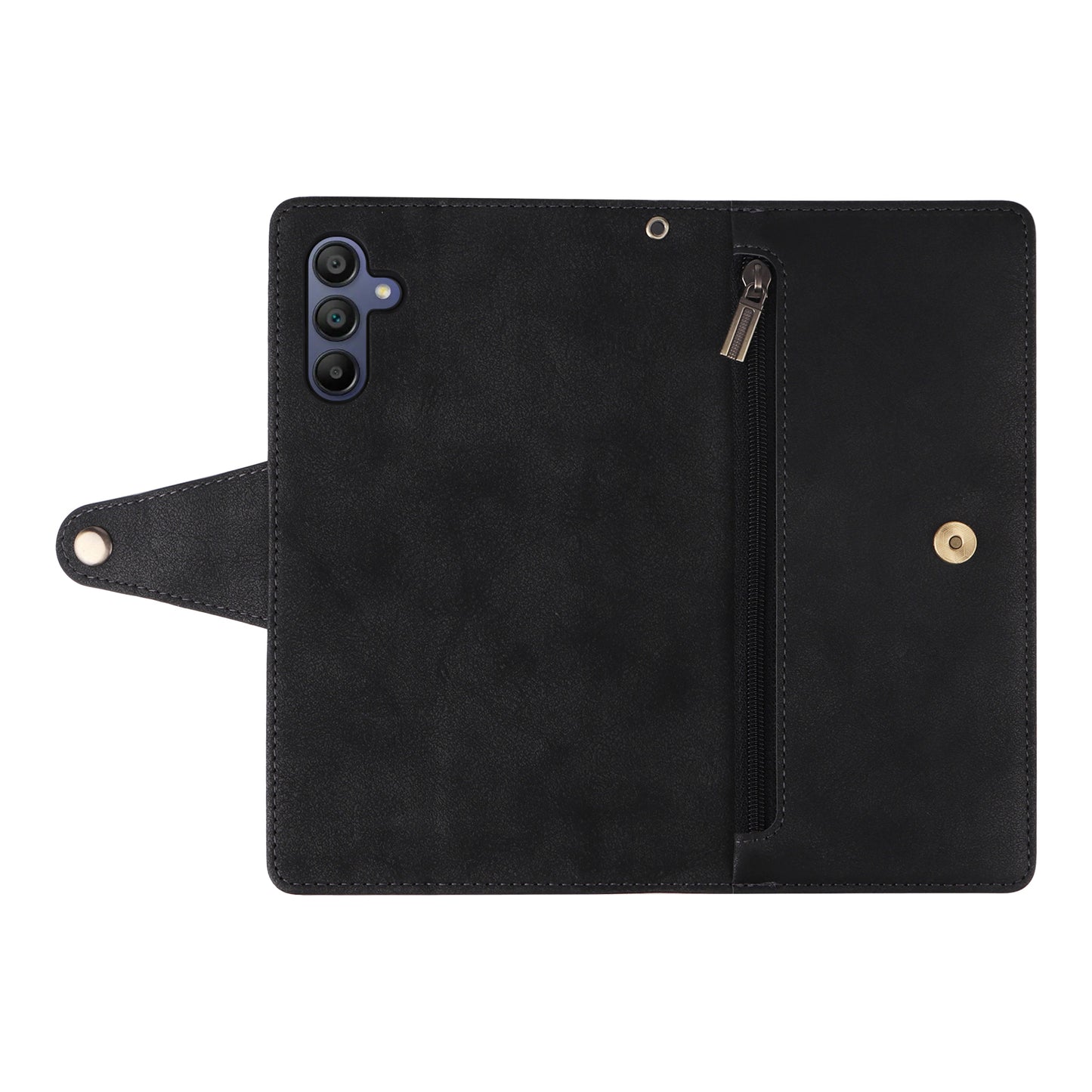 For Samsung Galaxy A16 5G / A16 4G Case Zipper Wallet Leather Stand Phone Cover Rivet Decor - Black