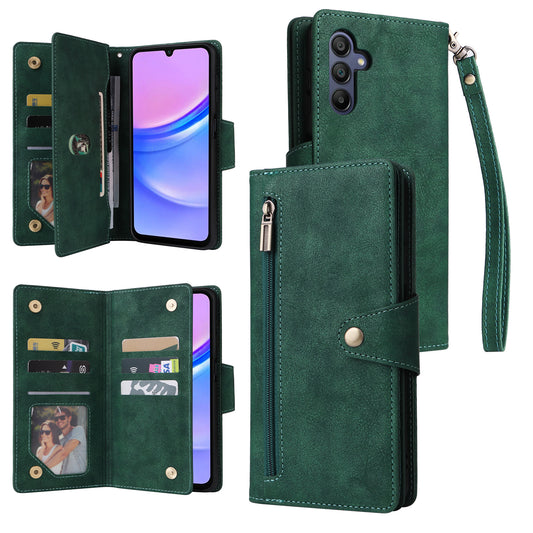 For Samsung Galaxy A16 5G / A16 4G Case Zipper Wallet Leather Stand Phone Cover Rivet Decor - Green