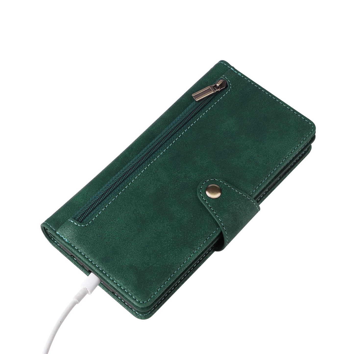For Samsung Galaxy A16 5G / A16 4G Case Zipper Wallet Leather Stand Phone Cover Rivet Decor - Green