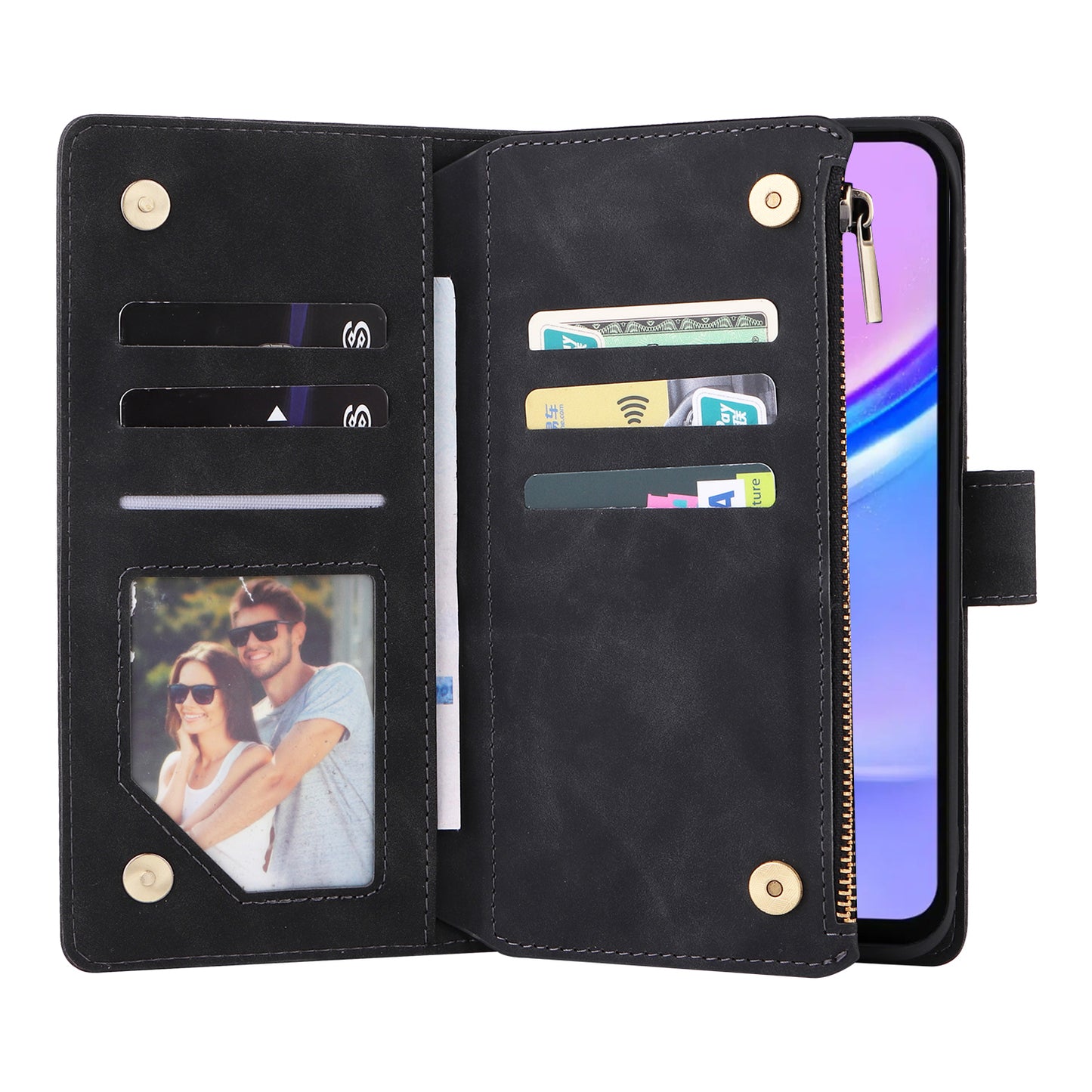 For Samsung Galaxy A16 5G / A16 4G Case Zipper Wallet Multiple Card Slots Leather Phone Cover - Black