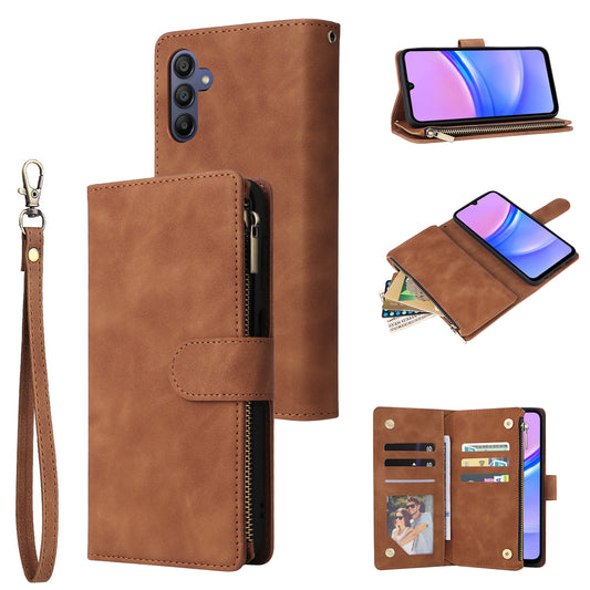 For Samsung Galaxy A16 5G / A16 4G Case Zipper Wallet Multiple Card Slots Leather Phone Cover - Brown