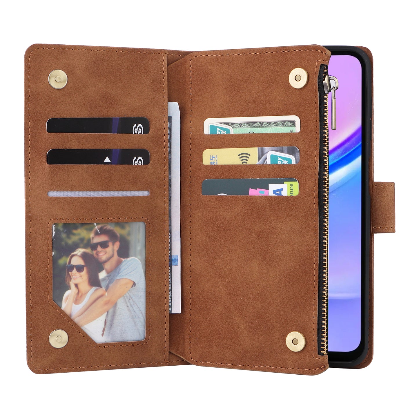 For Samsung Galaxy A16 5G / A16 4G Case Zipper Wallet Multiple Card Slots Leather Phone Cover - Brown