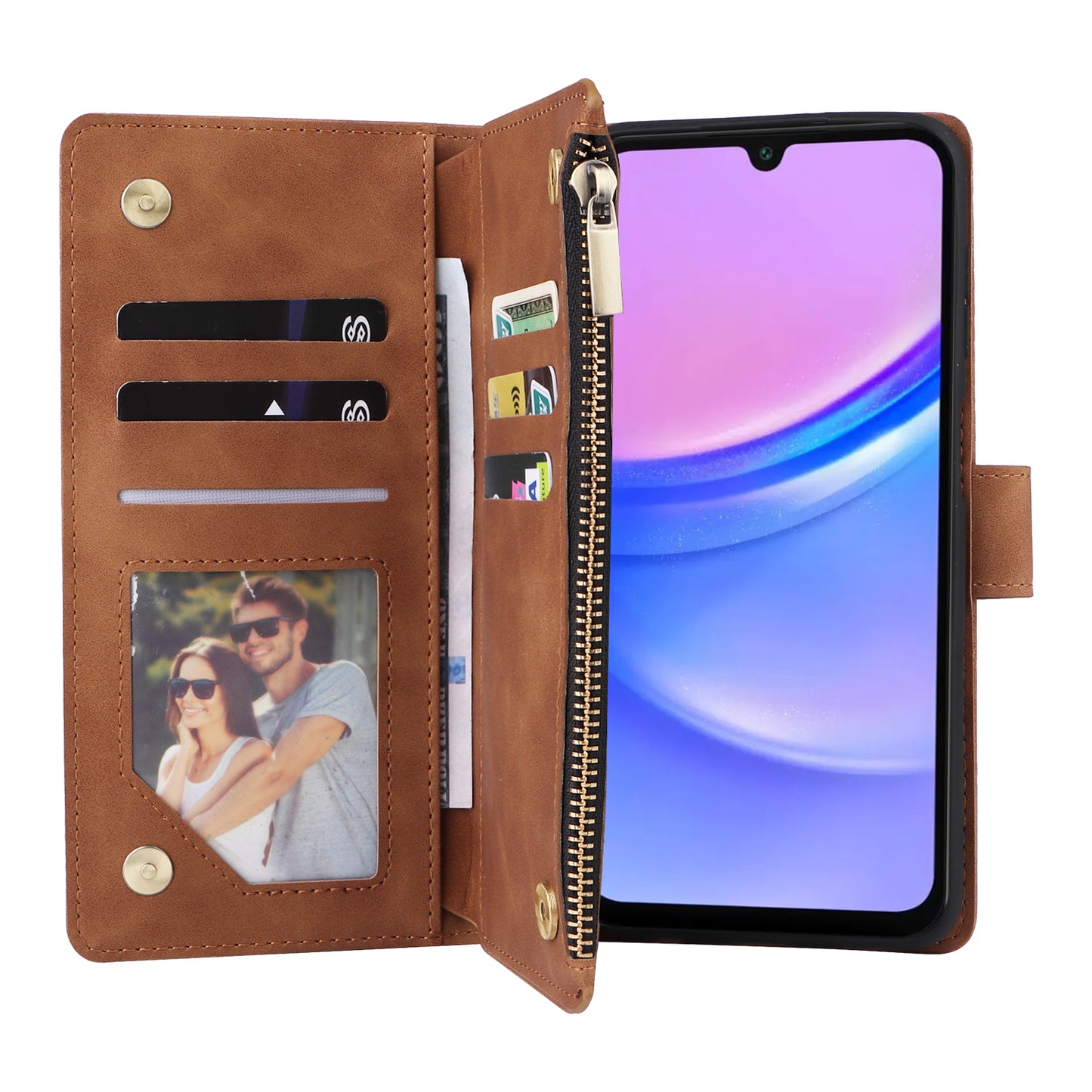 For Samsung Galaxy A16 5G / A16 4G Case Zipper Wallet Multiple Card Slots Leather Phone Cover - Brown