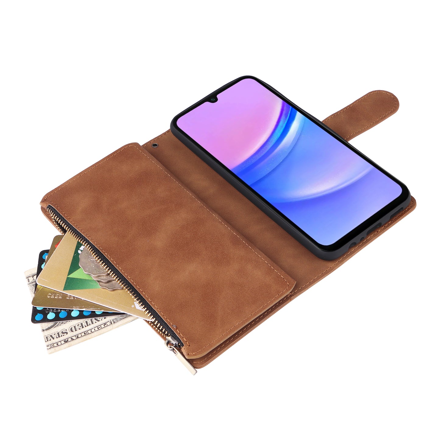 For Samsung Galaxy A16 5G / A16 4G Case Zipper Wallet Multiple Card Slots Leather Phone Cover - Brown