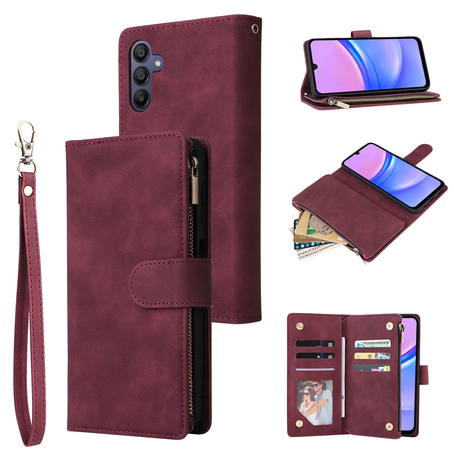 For Samsung Galaxy A16 5G / A16 4G Case Zipper Wallet Multiple Card Slots Leather Phone Cover - Wine Red