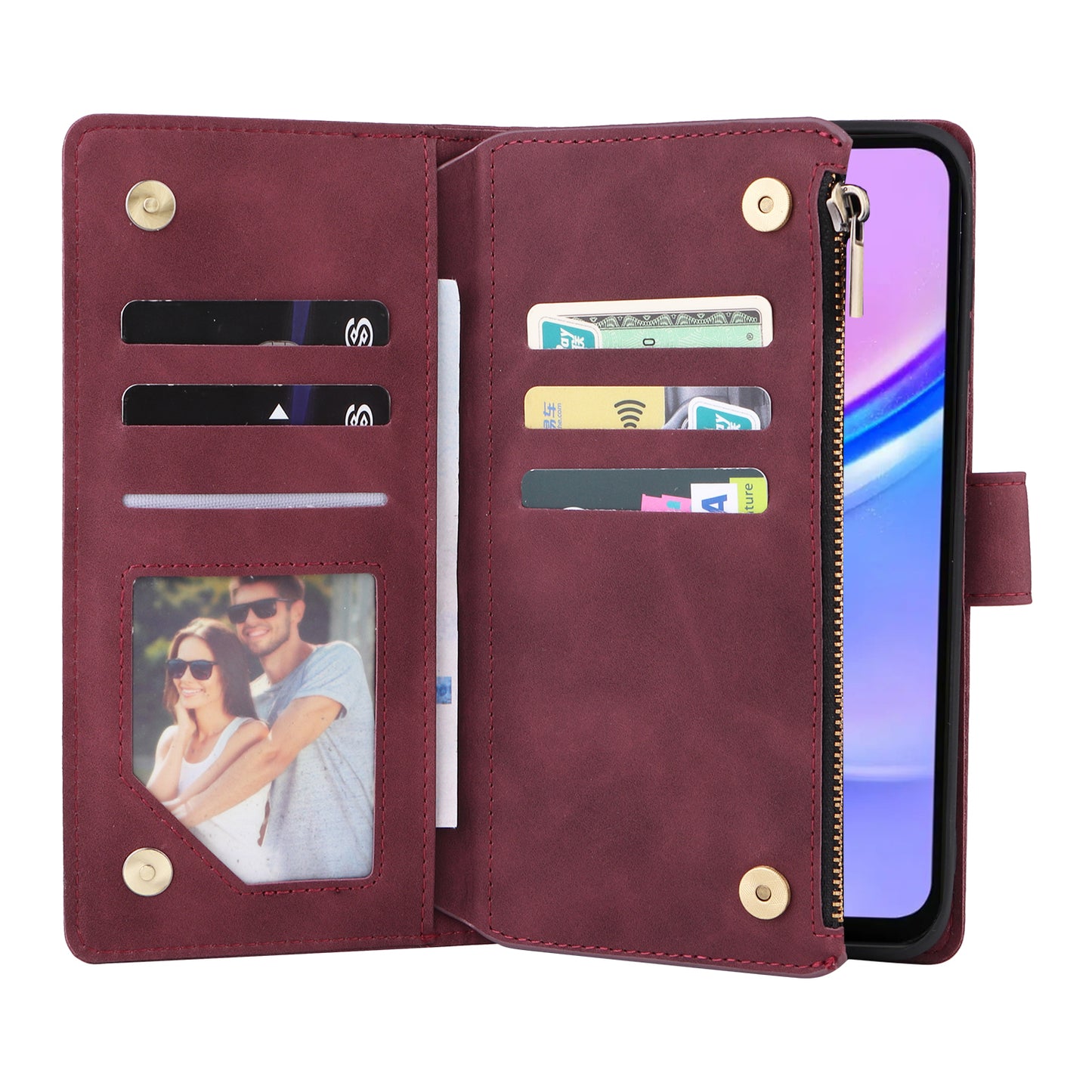 For Samsung Galaxy A16 5G / A16 4G Case Zipper Wallet Multiple Card Slots Leather Phone Cover - Wine Red