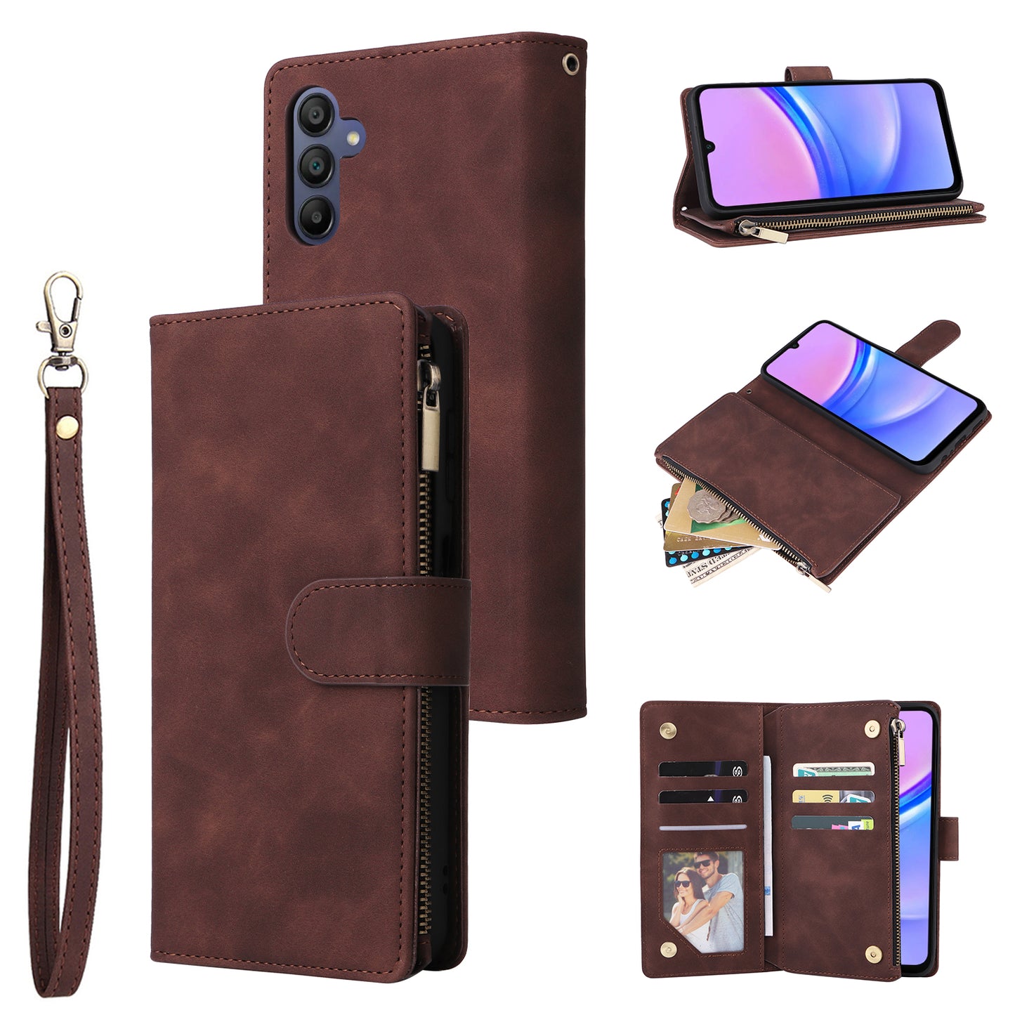 For Samsung Galaxy A16 5G / A16 4G Case Zipper Wallet Multiple Card Slots Leather Phone Cover - Coffee