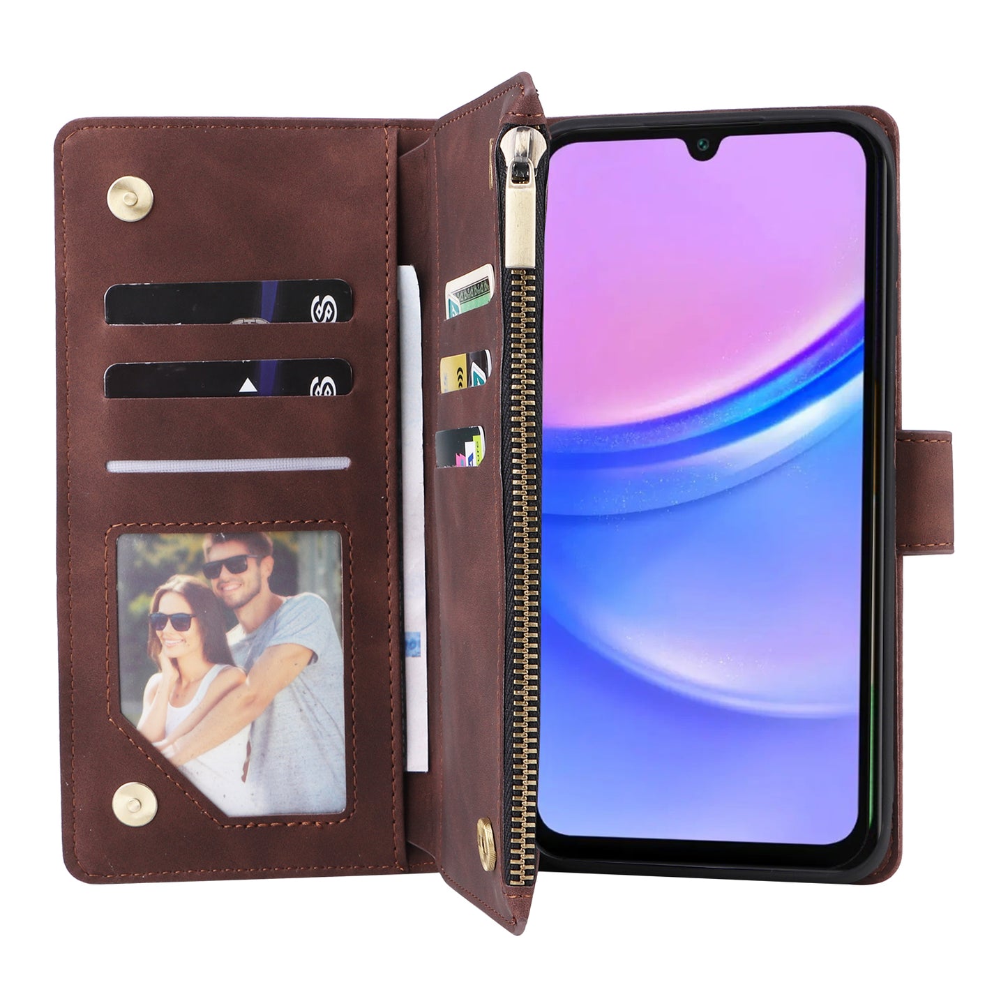 For Samsung Galaxy A16 5G / A16 4G Case Zipper Wallet Multiple Card Slots Leather Phone Cover - Coffee