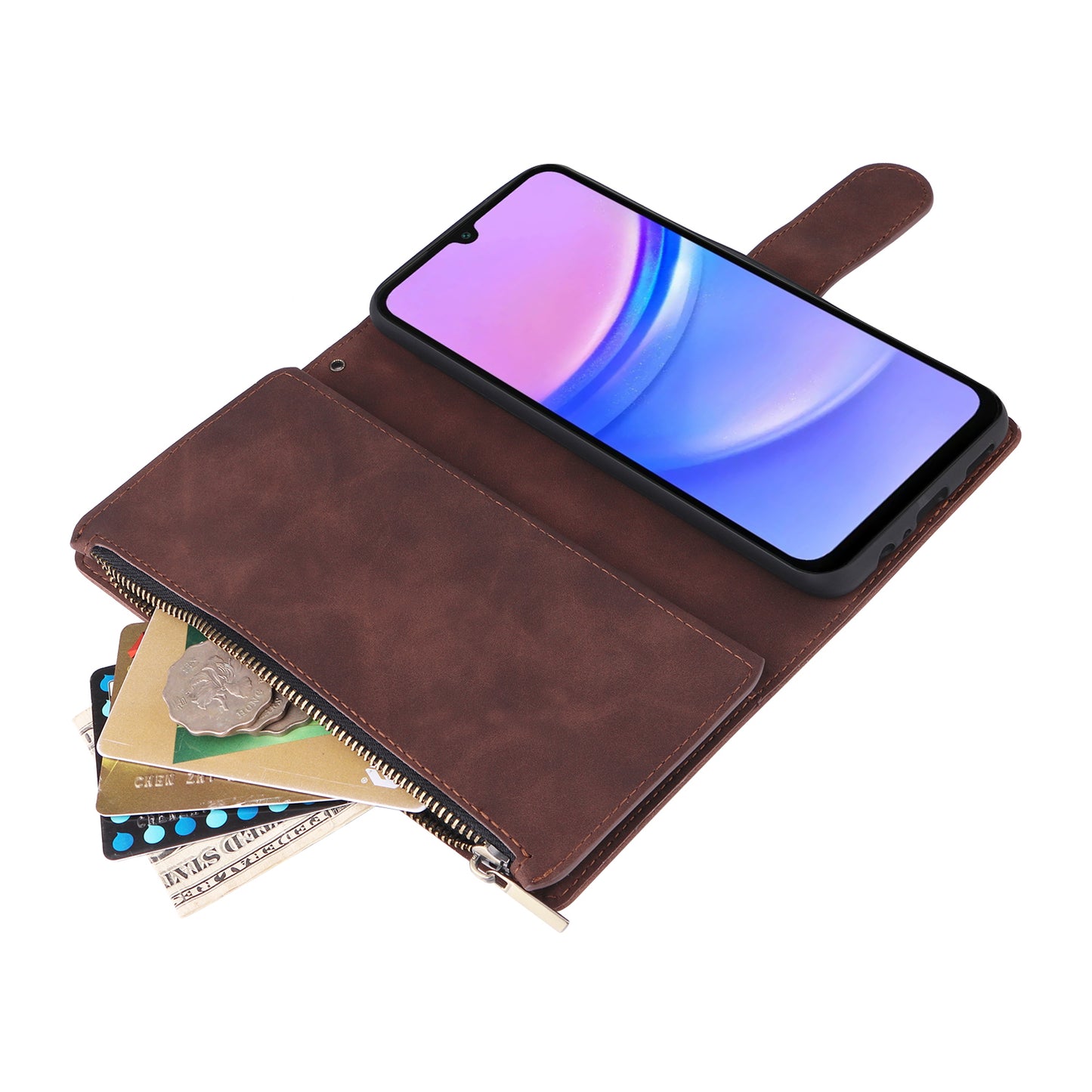 For Samsung Galaxy A16 5G / A16 4G Case Zipper Wallet Multiple Card Slots Leather Phone Cover - Coffee