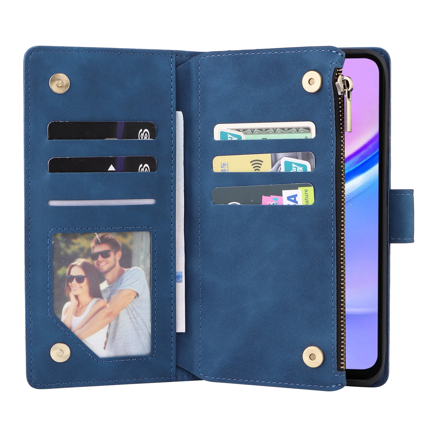 For Samsung Galaxy A16 5G / A16 4G Case Zipper Wallet Multiple Card Slots Leather Phone Cover - Blue