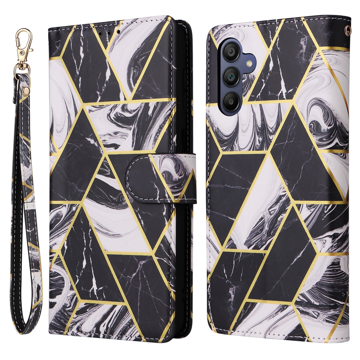 For Samsung Galaxy A16 5G / A16 4G Case Lacquered Marble Pattern Leather Phone Cover - Black