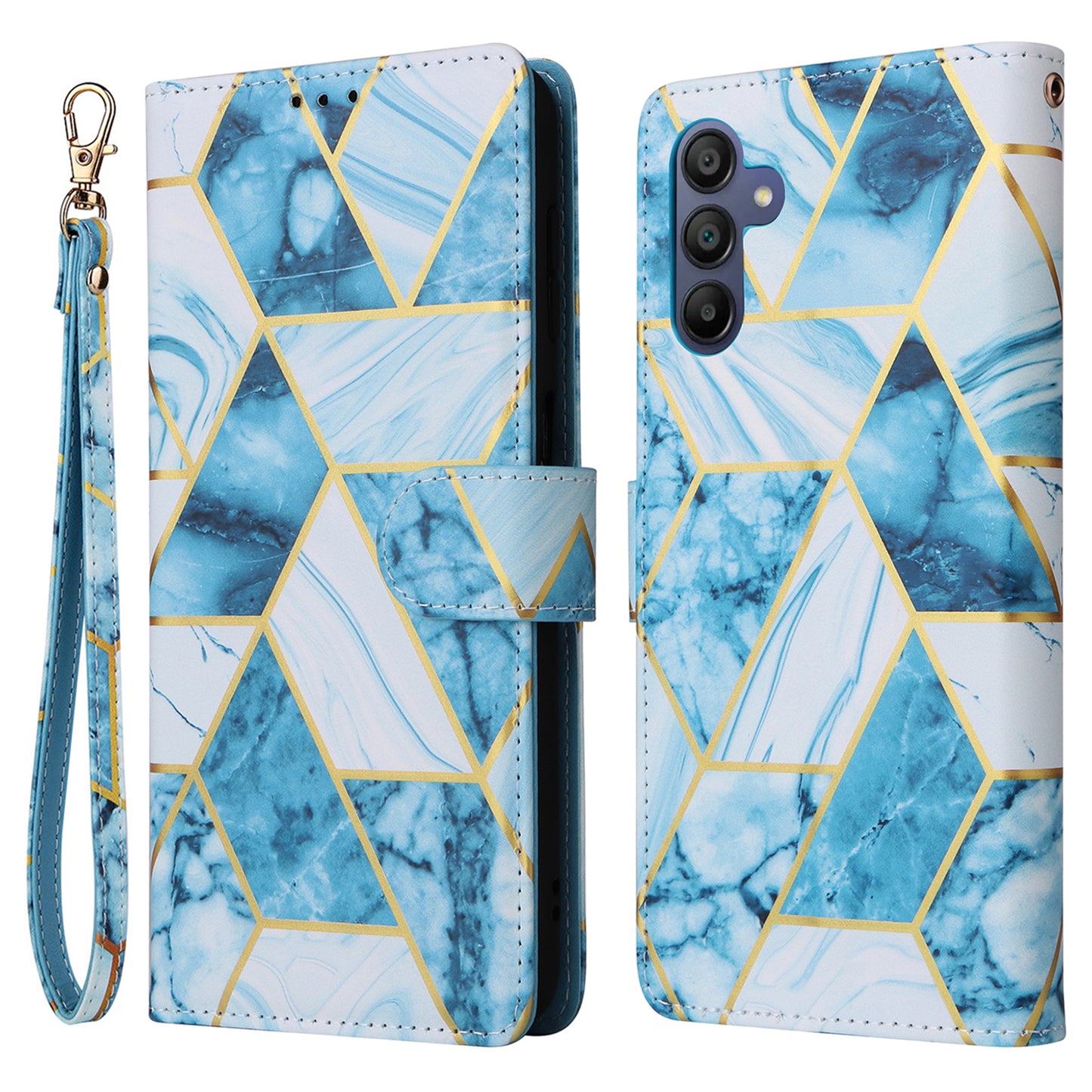 For Samsung Galaxy A16 5G / A16 4G Case Lacquered Marble Pattern Leather Phone Cover - Blue