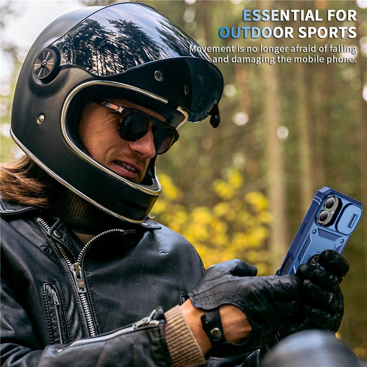 For iPhone 16 Case Sliding Camera Cover Ring Kickstand PC+TPU Phone Shell - Sapphire