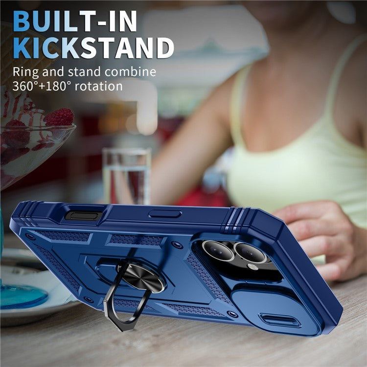 For iPhone 16 Case Sliding Camera Cover Ring Kickstand PC+TPU Phone Shell - Sapphire