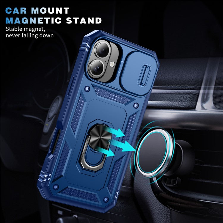 For iPhone 16 Case Sliding Camera Cover Ring Kickstand PC+TPU Phone Shell - Sapphire