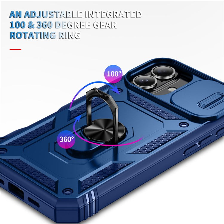 For iPhone 16 Case Sliding Camera Cover Ring Kickstand PC+TPU Phone Shell - Sapphire