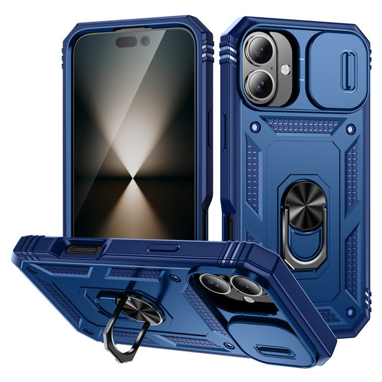 For iPhone 16 Plus Case Sliding Camera Cover Ring Kickstand PC+TPU Phone Shell - Sapphire