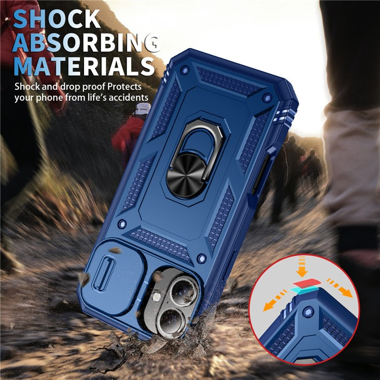 For iPhone 16 Plus Case Sliding Camera Cover Ring Kickstand PC+TPU Phone Shell - Sapphire