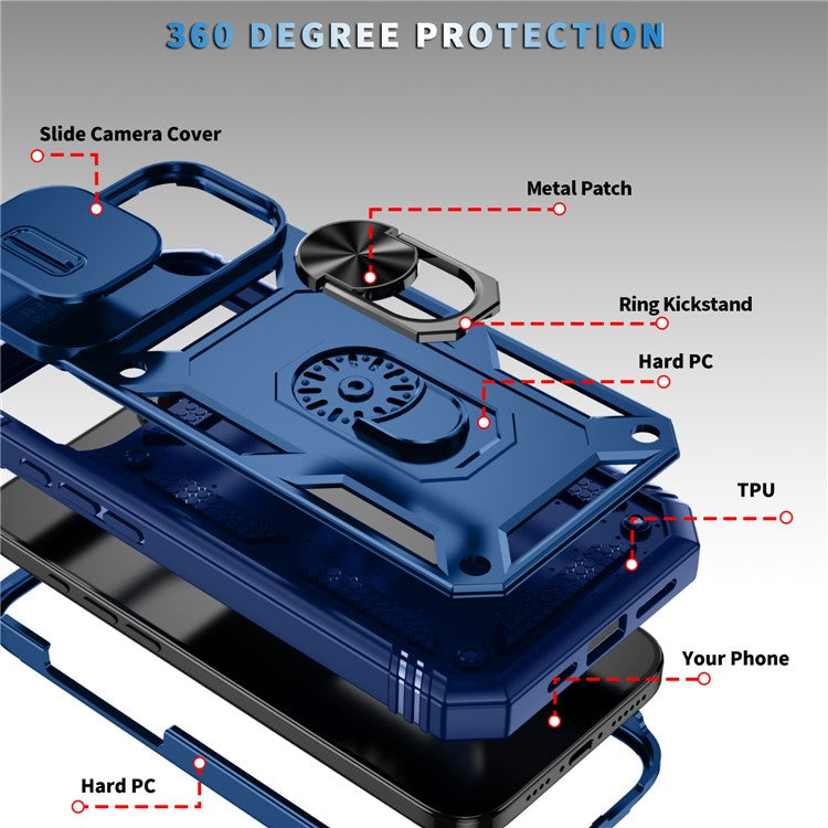 For iPhone 16 Plus Case Sliding Camera Cover Ring Kickstand PC+TPU Phone Shell - Sapphire