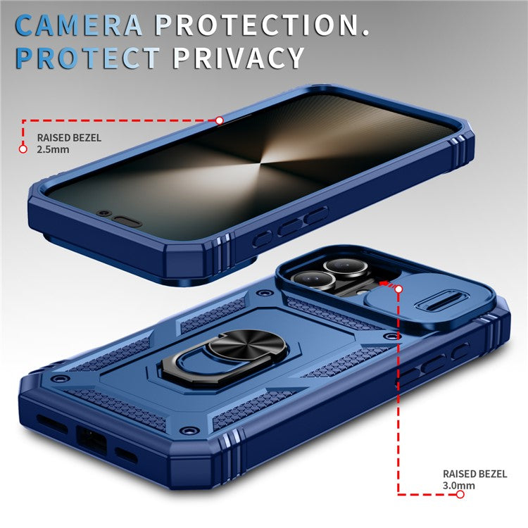 For iPhone 16 Plus Case Sliding Camera Cover Ring Kickstand PC+TPU Phone Shell - Sapphire