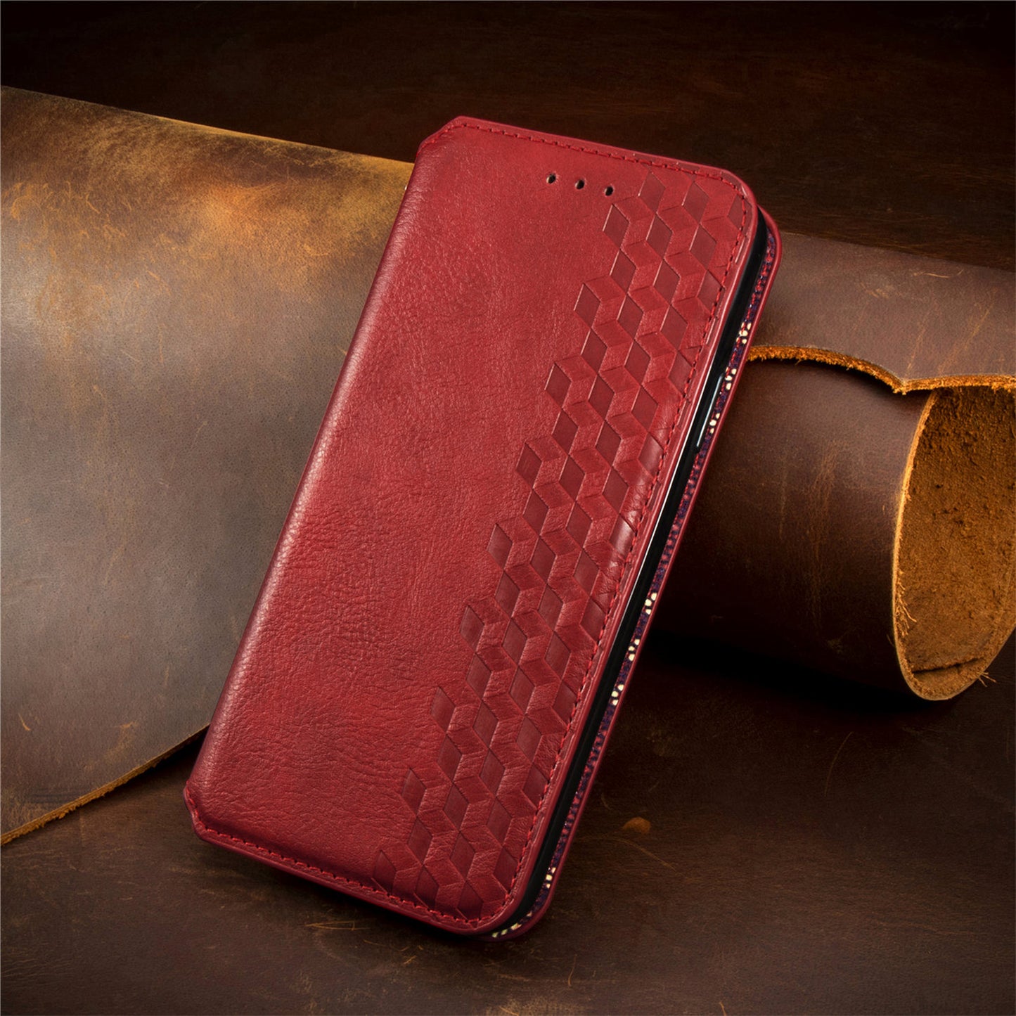 For Samsung Galaxy A16 5G / A16 4G Case Rhombus Imprint PU Leather Wallet Phone Cover - Red